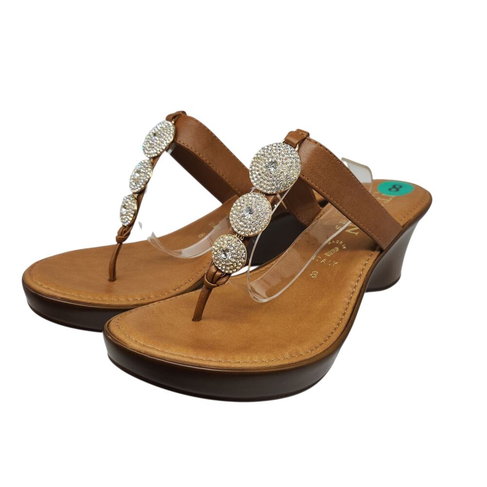 Italian Shoemakers Sandals 8 Heeled Platform Thong Rhinestone Embellished Brown